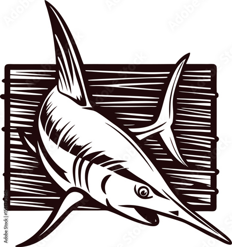 Vintage engraved swordfish illustration with wooden plank background for seafood restaurant and fishing concept