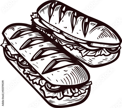 Hand drawn illustration of two fresh baguette sandwiches filled with vegetables in vintage engraved