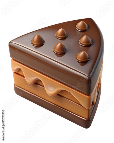 Chocolate caramel cake slice isolated on white background