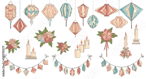 Charming Hand-Drawn Pastel Lanterns, Romantic Floral Bouquets, Glowing Candles, and Decorative Garland Elements