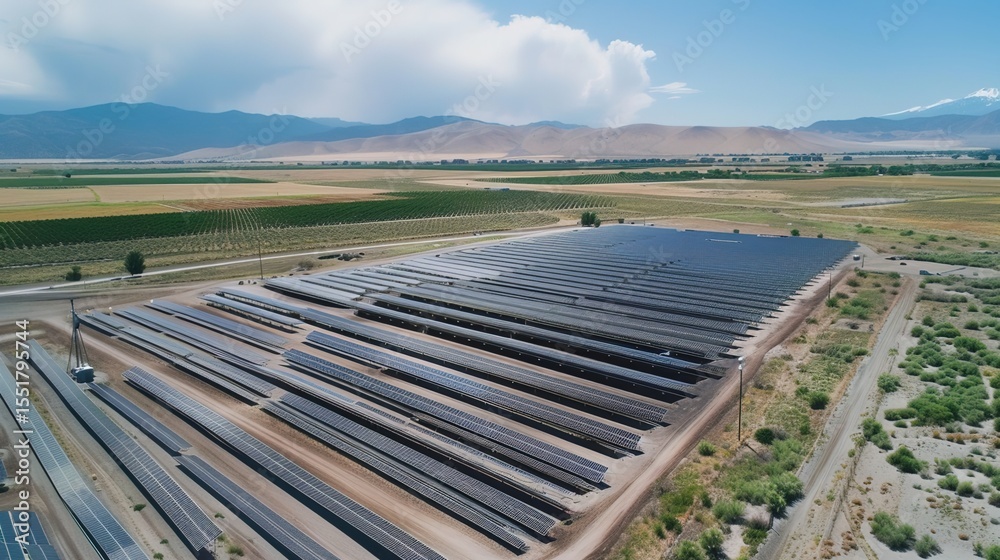 Fototapeta premium Solar Panel Array Technology Background: High-Resolution 3D Render of Photovoltaic Systems with Realistic Solar Panel Arrays – Ideal for Renewable Energy Projects, Green Technology Visuals, Sustainabl