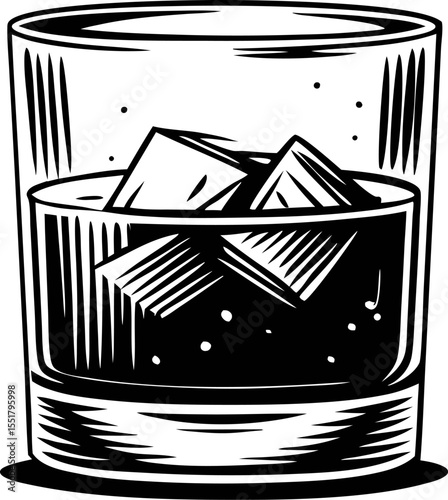 Hand drawn glass of whiskey with ice cubes isolated on white vintage engraved bar drink illustration