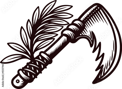 Vintage hand drawn sickle with leafy branch in engraving style, detailed black and white sketch illustration, rustic agriculture tool