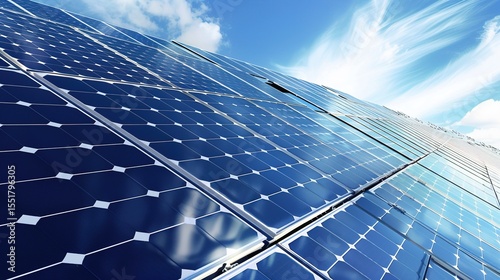 Solar Panel Array Technology Background: High-Resolution 3D Render of Photovoltaic Systems with Realistic Solar Panel Arrays – Ideal for Renewable Energy Projects, Green Technology Visuals, Sustainabl