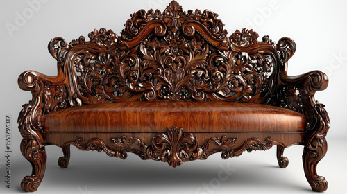 Ornate Carved Wooden Sofa with Intricate Detailing and Finishes