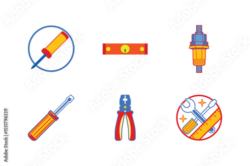 Colorful Tool Icons Screwdriver, Pliers, Level, and More - Vector Illustration Set