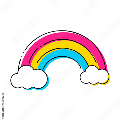 Vector illustration of a rainbow of three stripes - pink, yellow and blue with white clouds in doodle isolated style on transparent background.