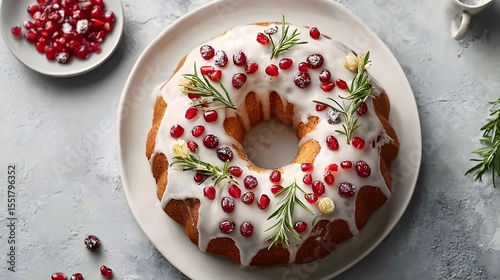 Pomegranate and rosemary bundt cake with white icing
