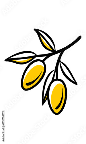Vector illustration of two yellow olives on a branch with leaves in hand-drawn style on a transparent background