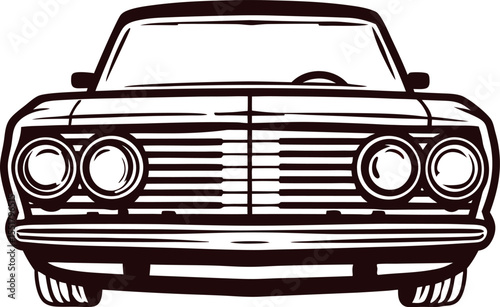 Retro classic car front view illustration with vintage grille and headlights in black and white