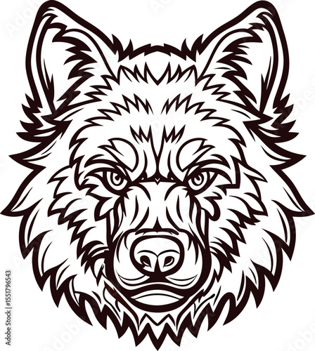Detailed linear illustration of wolf head with intense expression and symmetrical lines on white background
