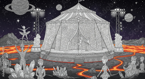 Cosmic Circus An Intricate Illustration of a Surreal Performance on a Volcanic Planet