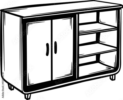 Hand drawn wooden sideboard cabinet with sliding doors and open shelves isolated on white background illustration