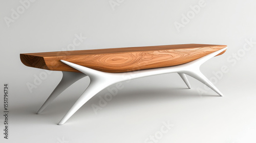 Modern wooden table with unique white sculptural base design
