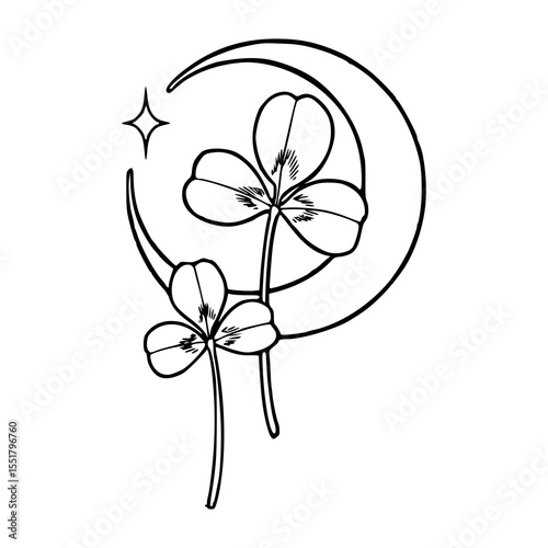 moon and lucky four-leaf clover outline