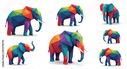 Dynamic Set Of Low Poly Elephants In Various Poses Showcasing Colorful Abstract Geometric Design