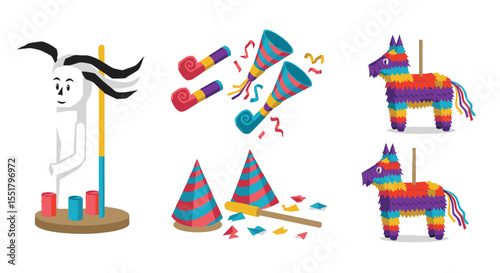 Joyful Party Essentials Collection with Piatas, Festive Hats, Noisemakers, and Carnival Game Elements