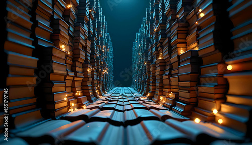 Surreal 3D composition: Canyon of Knowledge — high walls of ancient and modern textbooks forming a narrow passage in the form of a spiral rising on a black background. 