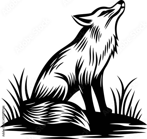 Howling fox sitting in grass isolated on white background black and white hand drawn animal illustration