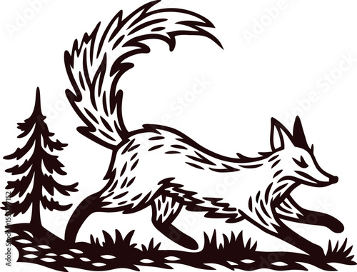 Playful fox leaping in forest with stylized bushy tail and tree, vintage hand drawn engraving illustration