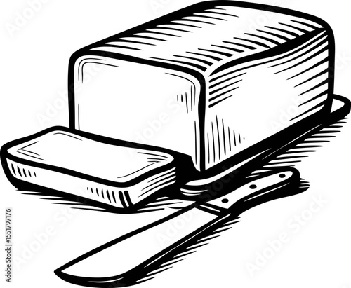 Hand drawn loaf of bread with sliced piece and kitchen knife rustic vintage sketch illustration