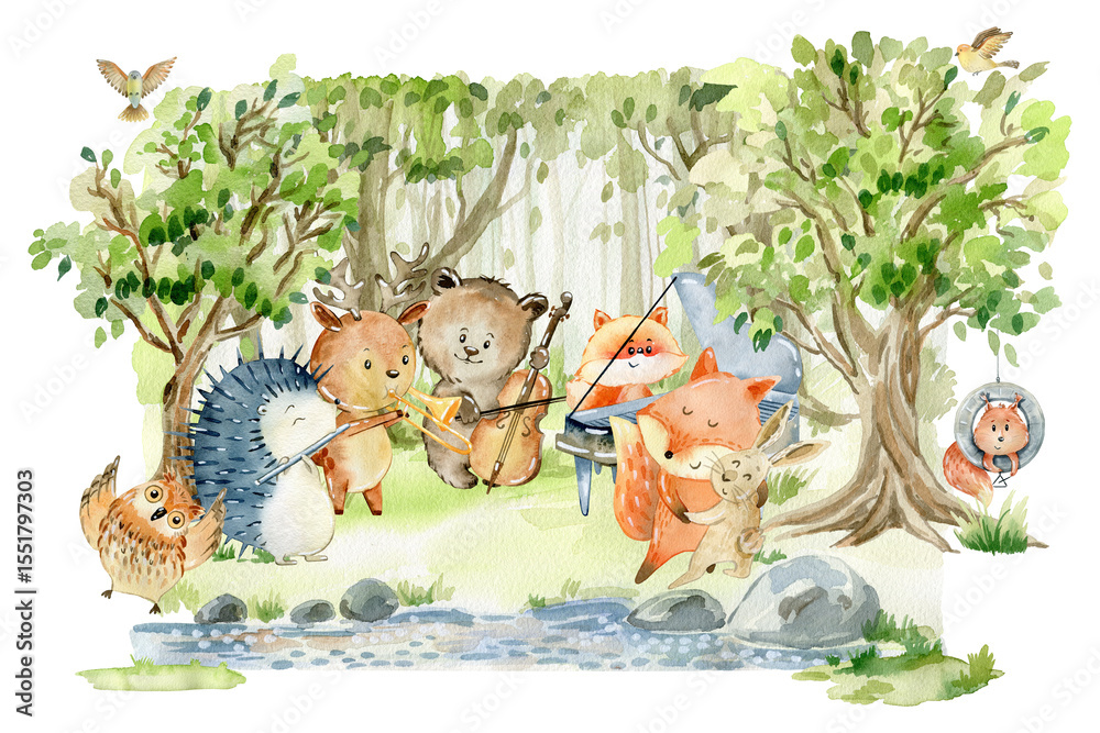 custom made wallpaper toronto digitalA truly delightful and charming illustration showcasing woodland creatures having fun together by the lakeside. Watercolor style.