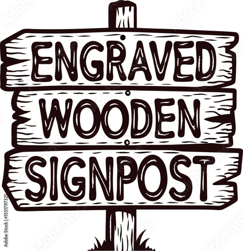 Rustic engraved wooden signpost illustration with three planks and woodgrain texture isolated on white background