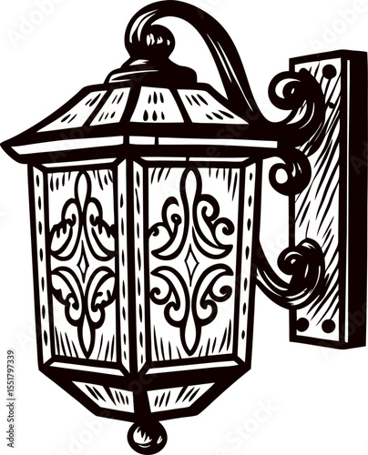 Vintage engraved wrought iron wall lantern illustration with ornate glass and classic outdoor sconce design