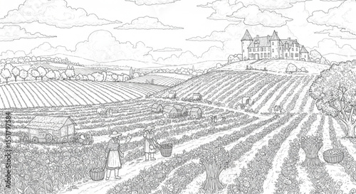 Vintage Illustration of a Picturesque Vineyard and Chateau