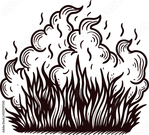 Hand drawn grass and smoke bush fire engraving natural disaster wildfire etching illustration