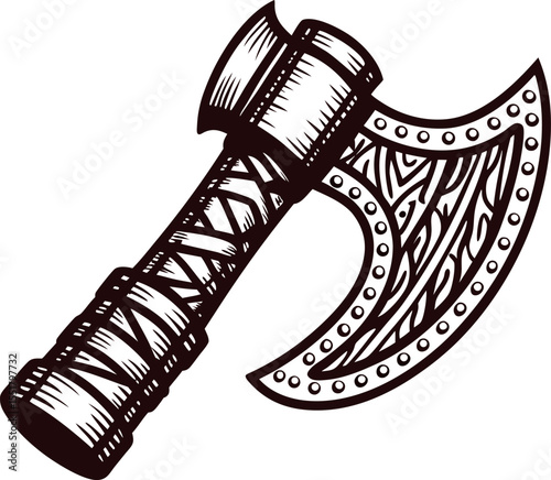 Hand drawn medieval battle axe with ornate wooden handle and decorated blade isolated on white background