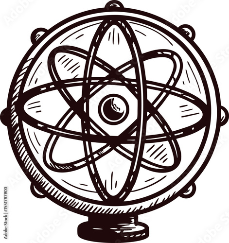 Hand drawn atomic model with overlapping orbits inside sphere vintage engraved science illustration