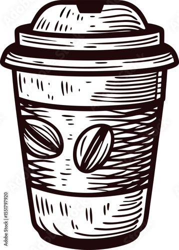 Hand drawn takeaway coffee cup with lid and coffee beans vintage engraved illustration