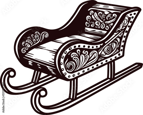 Vintage hand drawn wooden sleigh with ornamental floral carvings and curved runners illustration