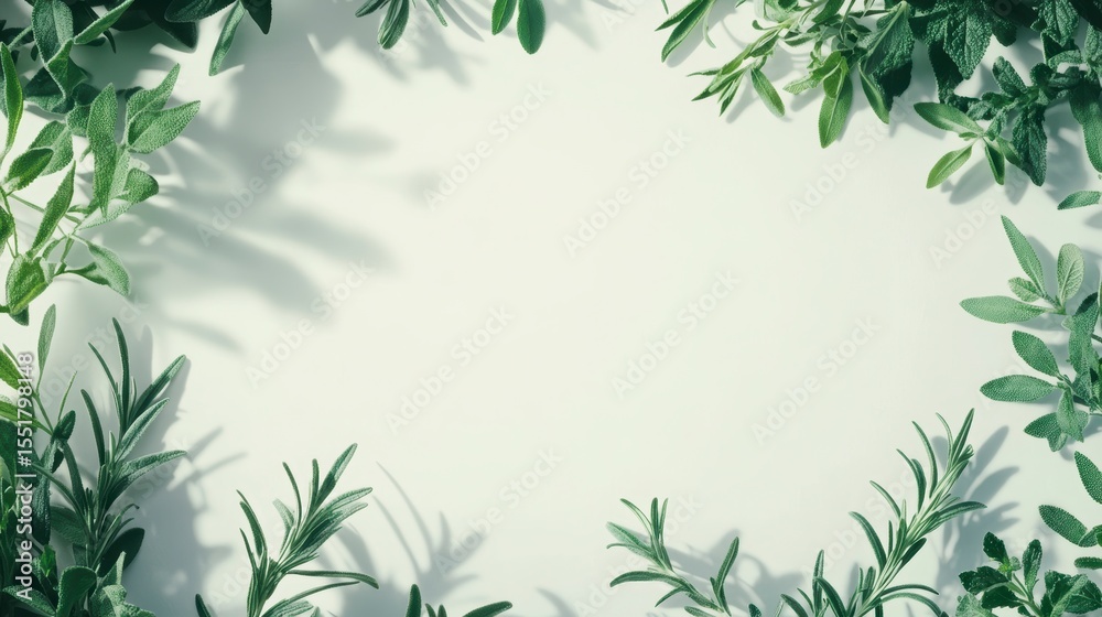 Naklejka premium Fresh herbs frame on white background with copy space.