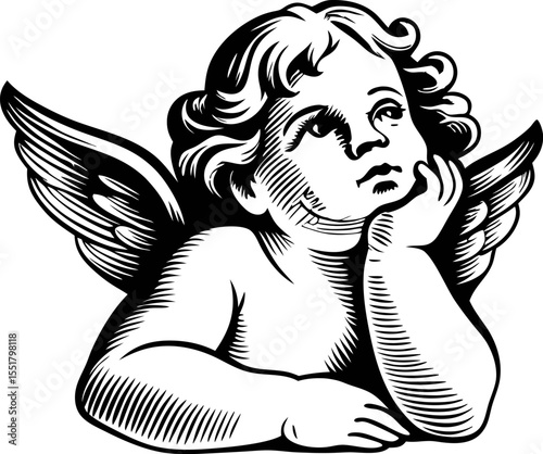 Engraved vintage cherub angel illustration with wings resting chin on hand, classic renaissance sketch drawing