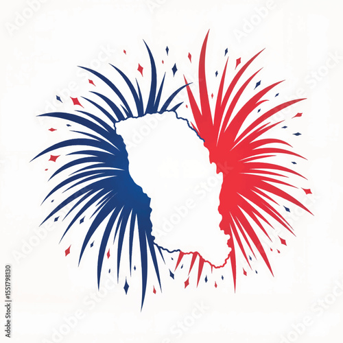 Fireworks bursting behind French flag on white background, celebration
