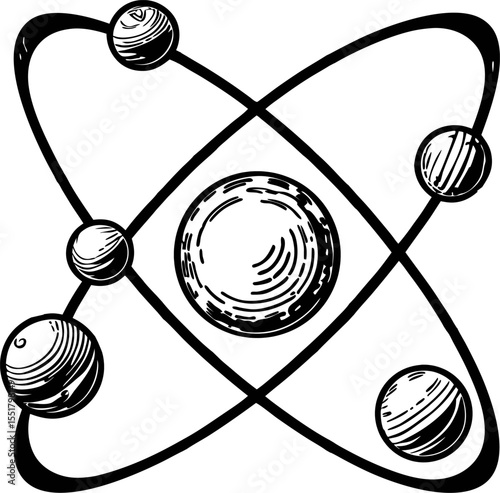 Hand drawn atom structure with orbiting electrons in vintage engraved style, isolated on white background