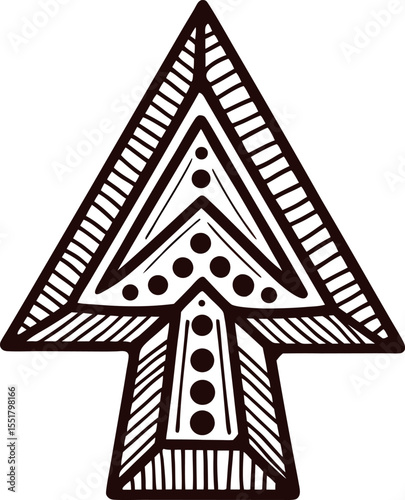 Hand drawn geometric arrowhead with tribal ornament and dotted pattern isolated on white background