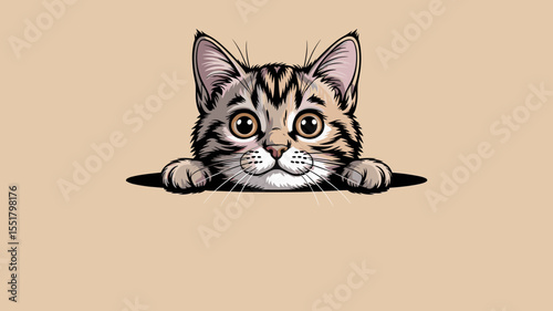 Cartoon cat peeking over edge on beige background in modern vector with copy space