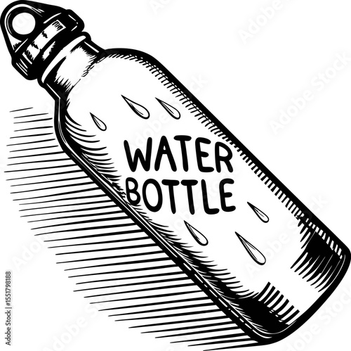 Hand drawn metal water bottle with droplets isolated on white vintage engraved sketch illustration