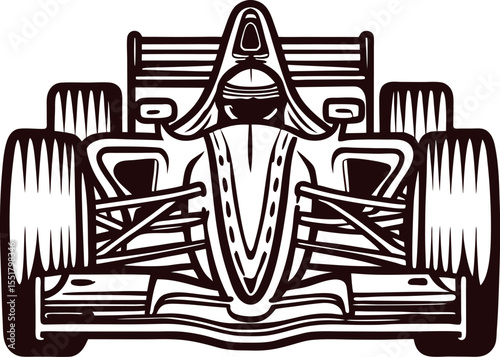 Front view detailed illustration of a single seat racing car in vintage engraved