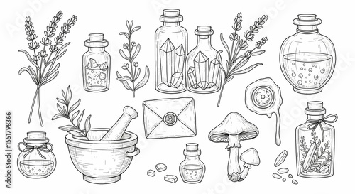 Set of hand drawn whimsical illustrations of herbs and potion bottles. Doodle drawings of lavender sprigs, crystal vials, mortar & pestles, mushrooms, and wax-sealed letters. 