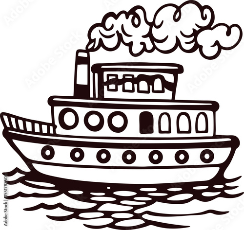 Vintage hand drawn steamboat floating on water with smoke from chimney sketch illustration