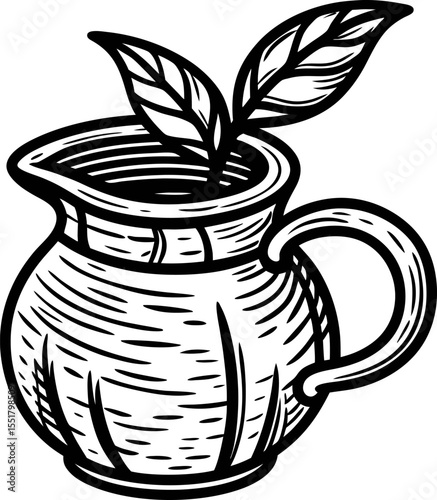 Woodcut illustration of rustic jug with leafy plant, vintage line drawing for botanical or herbal design