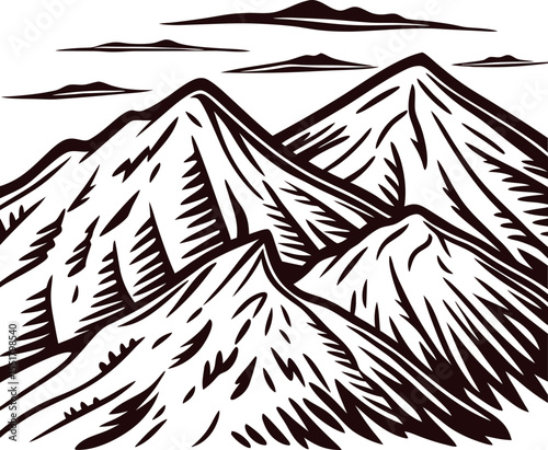 Hand drawn mountain range black and white illustration, vintage engraved style, isolated on white background