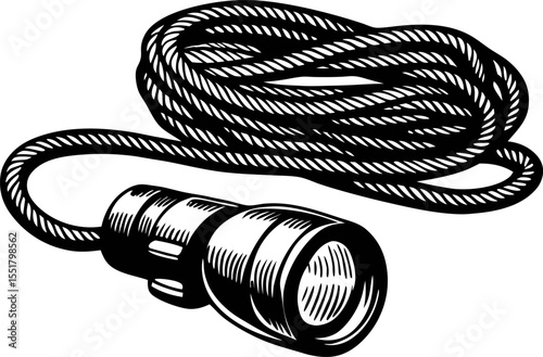 Vintage engraved illustration of a coiled rope with attached metal flashlight isolated on white background