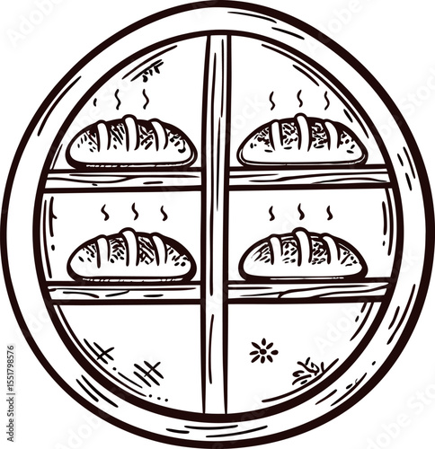 Fresh artisan bread loaves baking in rustic wood fired oven hand drawn vintage engraving illustration