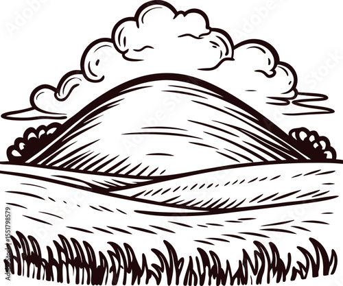 Hand drawn rolling grassy hill with clouds and fields engraved vintage illustration
