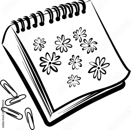 Spiral notepad with hand drawn floral doodles and paperclips isolated on white background illustration